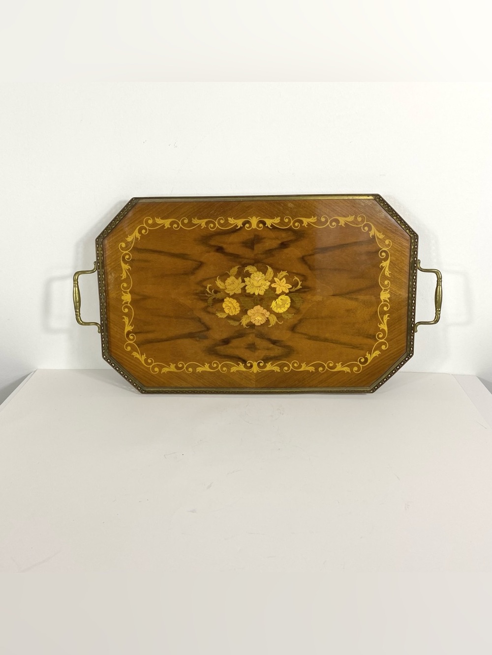 Vintage Italian Wood Marquetry Tray Sorrento Inlaid Brass Edge Handles